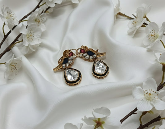 Parrot Motif Kundan Drop Earrings | Handcrafted Polki Statement Earrings with Multi-Color Enamel for Wedding & Festive Luxury