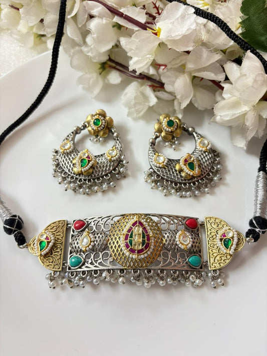 Adira Wide Jali Work & Kundan Fusion Choker Set with Chandbalis