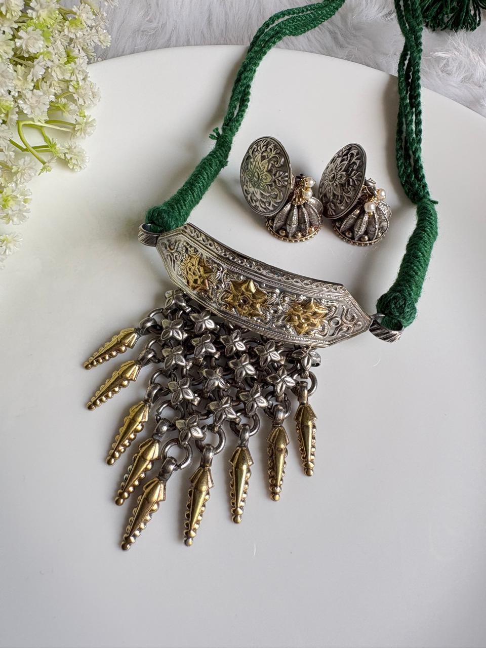 Rajsi Tarang Premium Dualtone Handmade SLA Thread Hasli with Statement Earrings | Navratri Jewellery