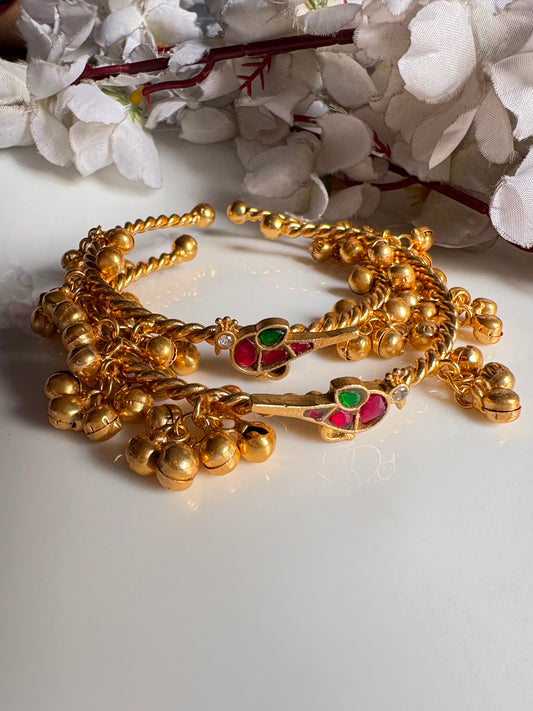 Pakshika Ghungharu Flexible Bangles | Gold Tone Kundan Fusion Bird Bangles for Women {PAIR} | Alankrent Luxe
