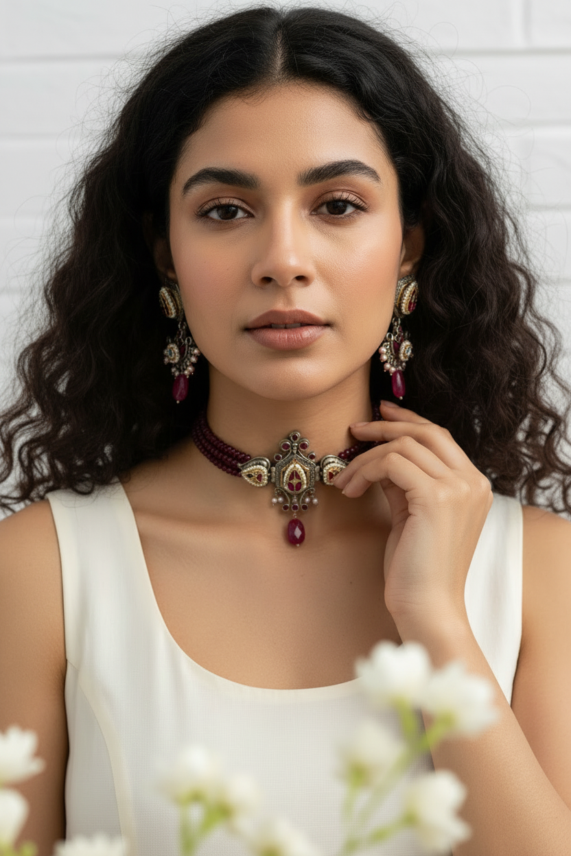 Noorika Premium SLA Dualtone Choker Necklace with Kundan Fusion and Earrings for Women