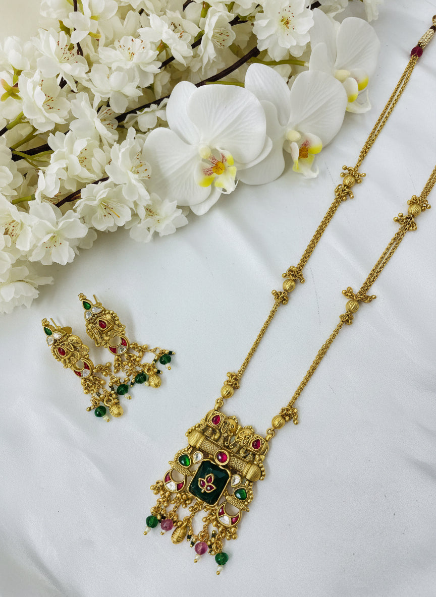Maharani Vamika Temple Kundan Necklace Set | Antique Gold | Premium Bridal & Festive Wear