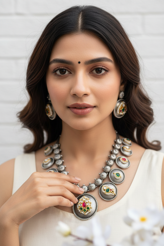 Rajsi Gulnaar Kundan Fusion SLA Coin Necklace Set with Earrings for Women