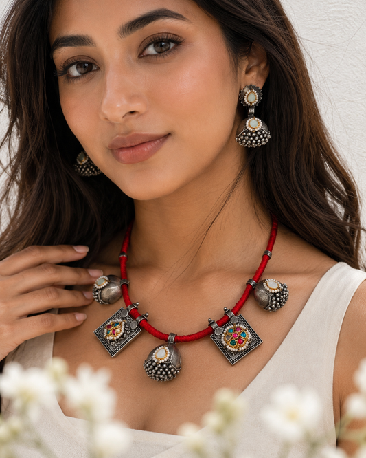 Raivana Kundan Fusion Thread SLA Necklace Set with Earrings | Premium Brass Jewellery | Alankrent Luxe