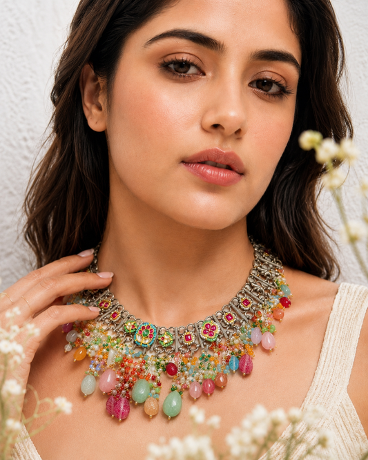Rangriti German Silver Choker Necklace with Colourful Beads – Handmade Traditional Statement Jewellery for Women
