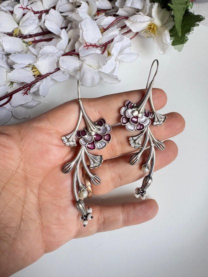 Gulbahaar Premium SLA Fusion Earrings – Floral Long Statement Silver Look Alike Earrings