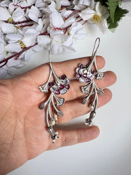 Gulbahaar Premium SLA Fusion Earrings – Floral Long Statement Silver Look Alike Earrings