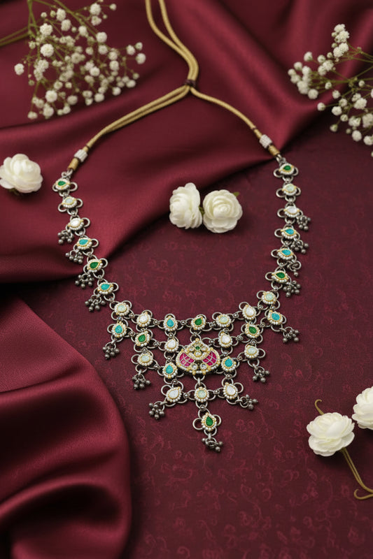 Mayurangi Pachi Kundan Fusion Layered Necklace | German Silver Peacock Statement Necklace | Traditional Indian Jewellery | Alankrent Luxe