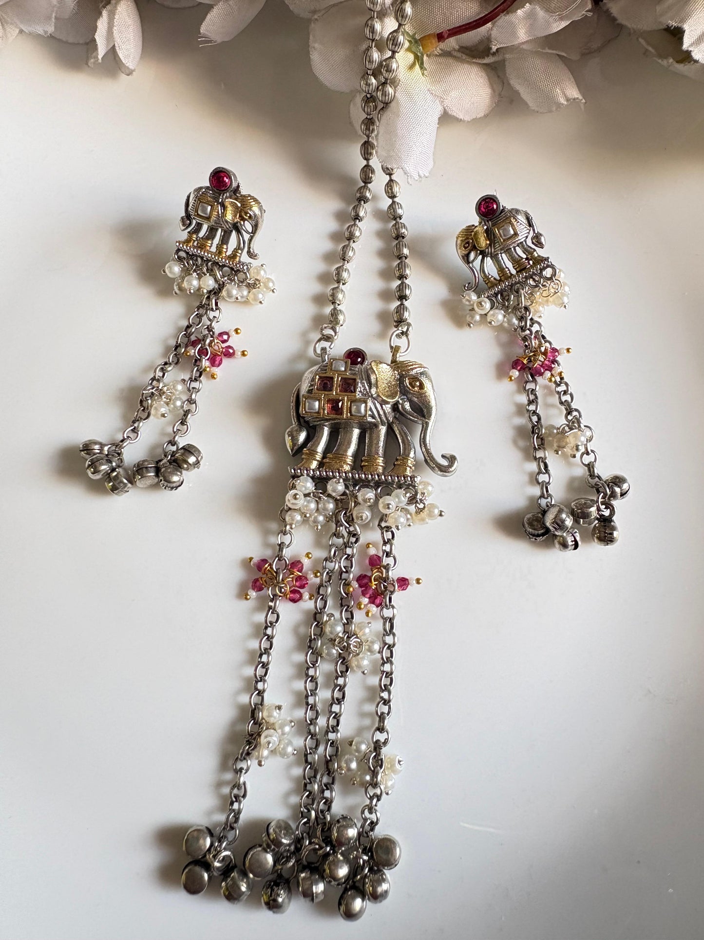 Royal Elephant Silver Necklace Set with Matching Earrings