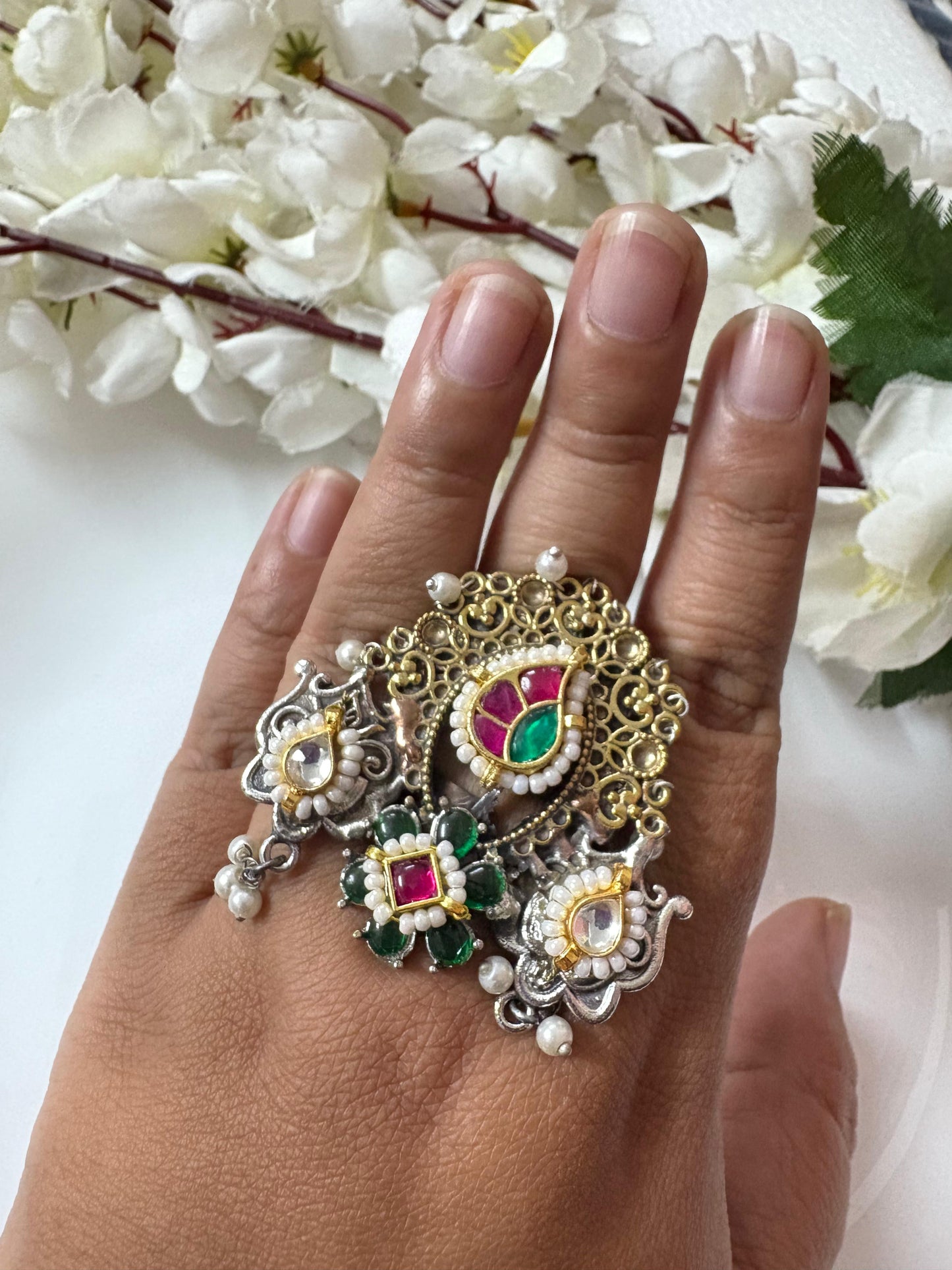 Inara Dual-Tone Kundan Statement Ring | Buy Designer Rings Online