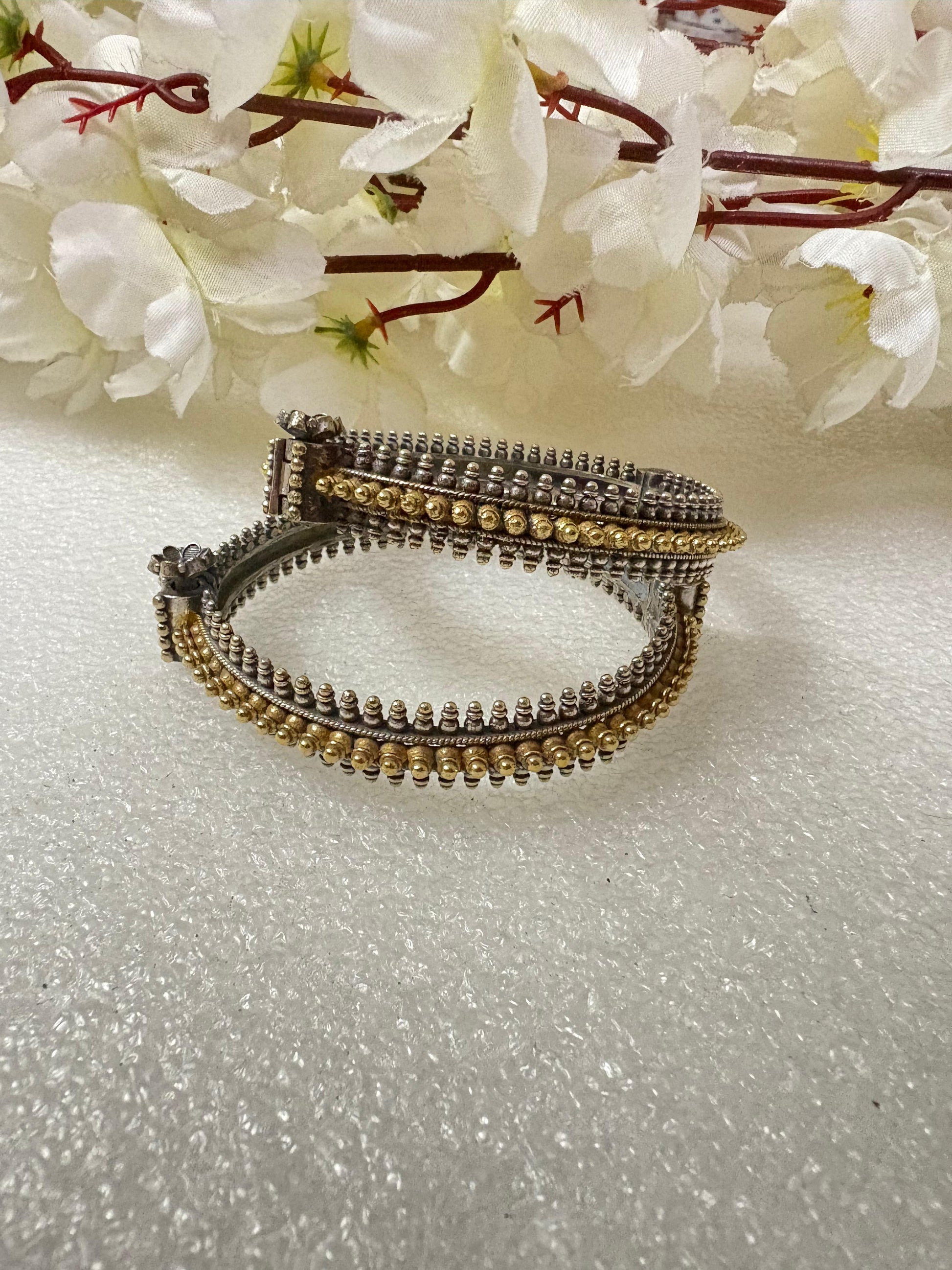 Rajvanshi Veera Dual Tone SLA Openable Kada | Traditional Oxidised Silver & Gold Beaded Bangle | Premium Ethnic Jewellery | Alankrent by Alankrent