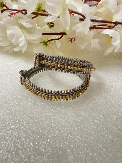 Rajvanshi Veera Dual Tone SLA Openable Kada | Traditional Oxidised Silver & Gold Beaded Bangle | Premium Ethnic Jewellery | Alankrent by Alankrent