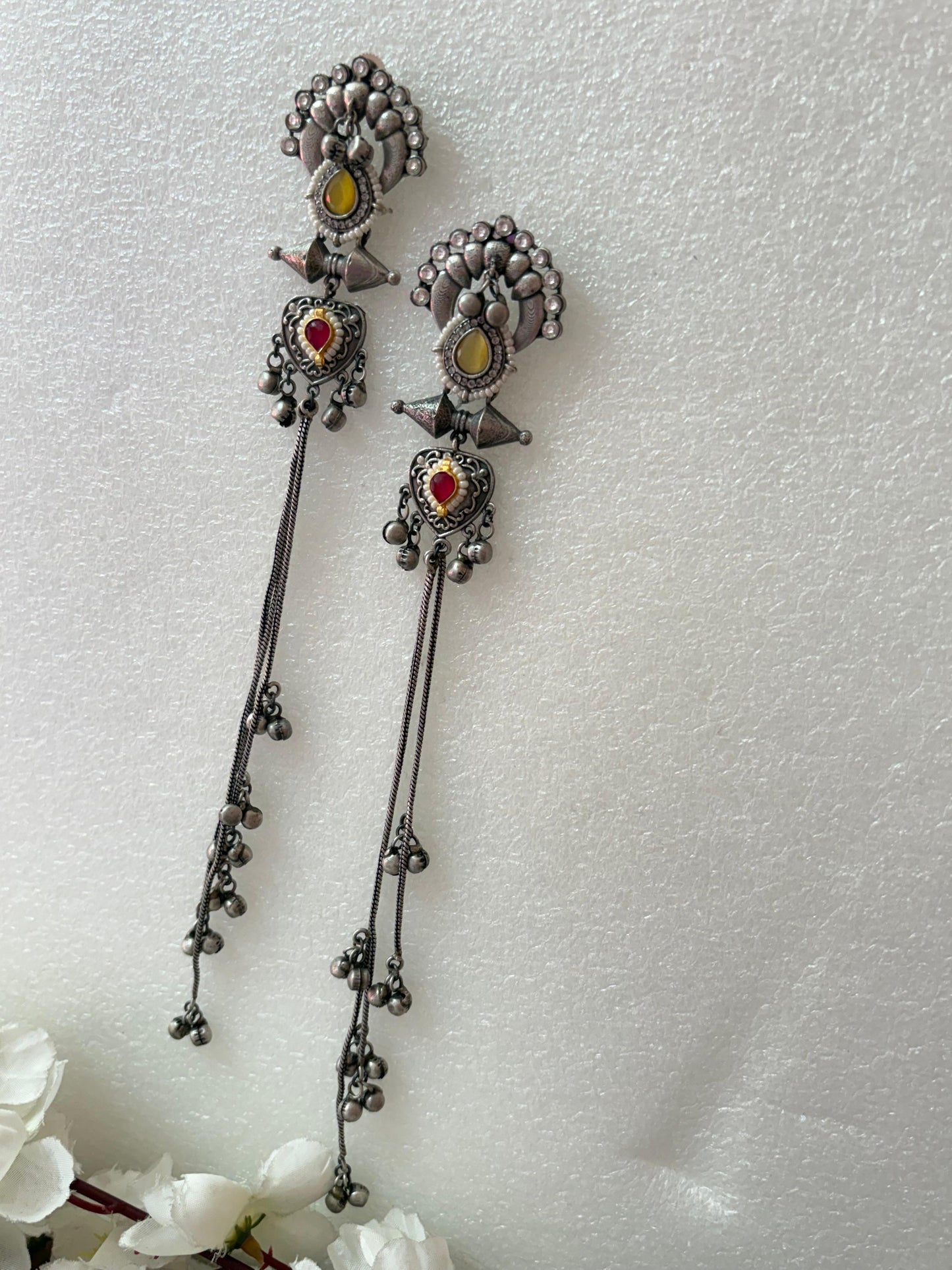 Tribal Long Chain Earrings with Coloured Stones | Festive Latkan Jewellery