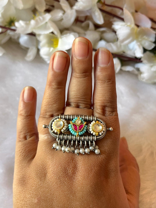 Nayra Lotus Charm – Oxidized Kundan Adjustable Ring