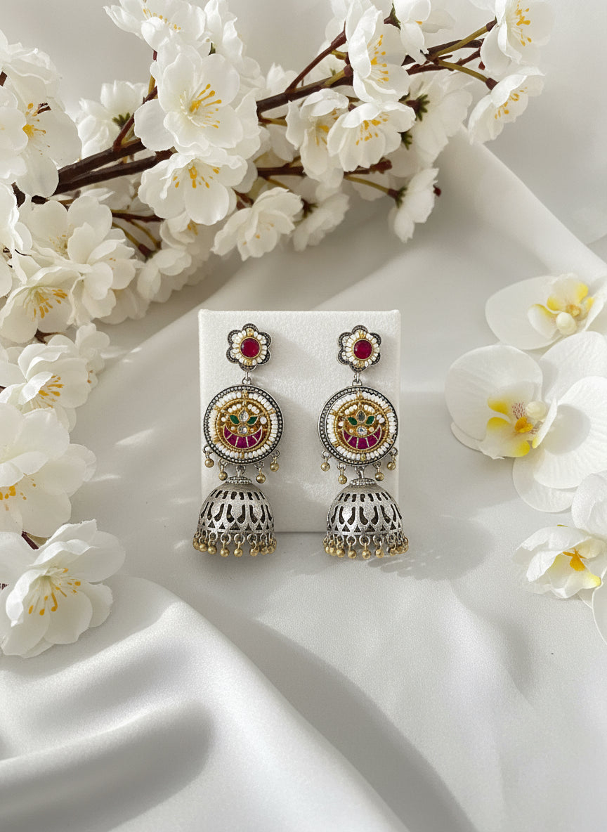 Antique Dual Tone Kundan Jhumka Earrings | Silver Look Alike Polish | Handcrafted Brass Base with Pearl & Ruby Detailing – Limited Edition