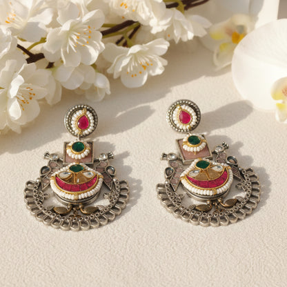 Peacock Royal Pacchi Kundan Fusion Earrings in German Silver | Alankrent Luxe