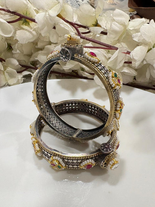 Rajpriya Kundan Fusion Dual Tone Premium SLA Openable Kada – Brass Ethnic Designer Bangle for Women | 2.6 Size
