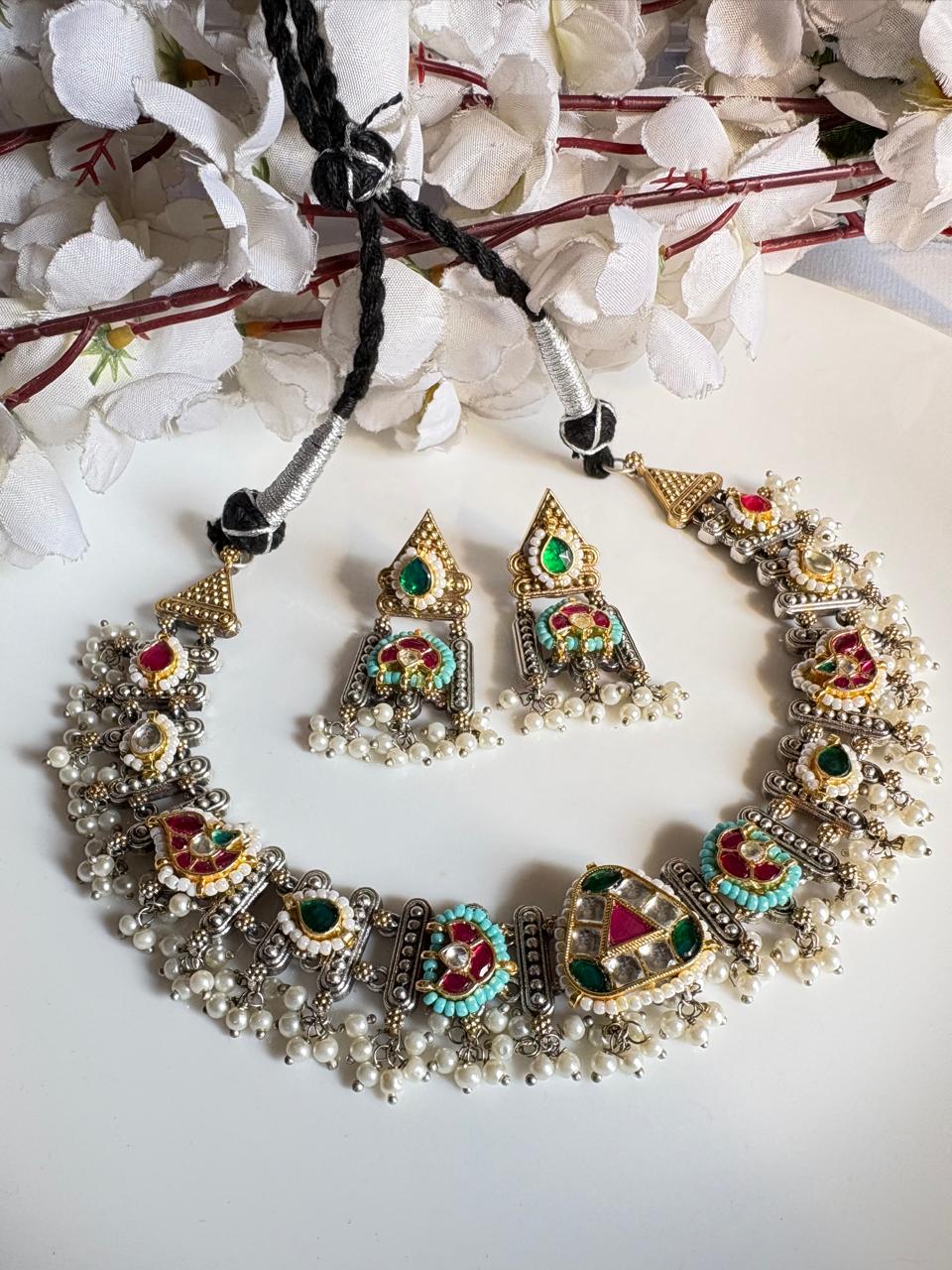 Dual Tone Kundan Necklace Set with Earrings | Silver & Gold Finish SLA Jewellery  Best Seller | Alankrent | AK-20260111-DT03 by Alankrent
