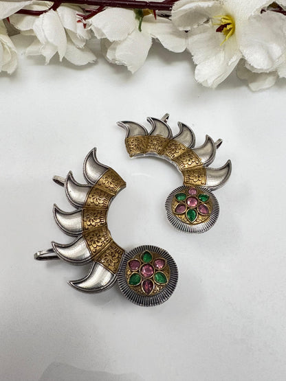Dual Tone Kundan Ear Cuff Earrings | Silver Look Alike Polish | Antique Brass Base with Green Stone Detailing – Statement Heritage Design