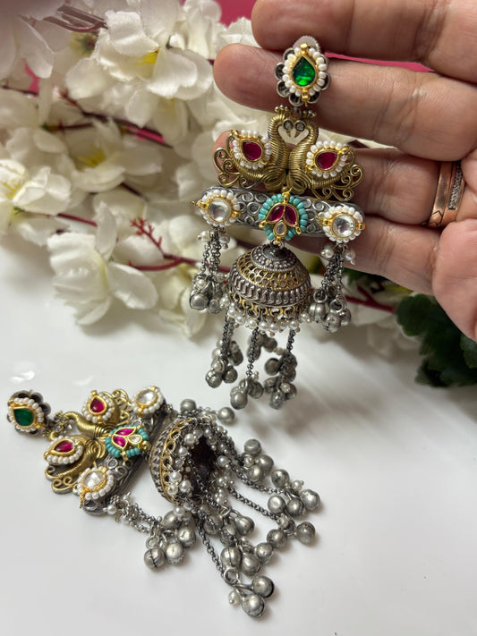 Antique Dual-Tone Peacock Jhumka Earrings - Temple Jewelry