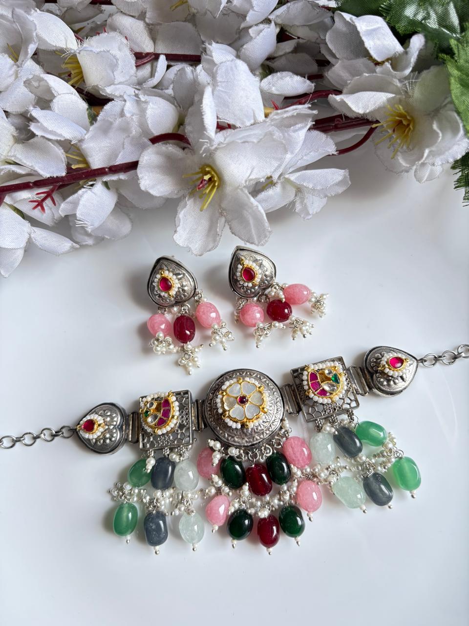 Gulnaar MOP Kundan Crystal Choker Necklace Set with Earrings | Premium SLA Jewellery