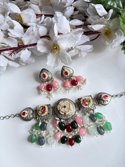 Gulnaar MOP Kundan Crystal Choker Necklace Set with Earrings | Premium SLA Jewellery