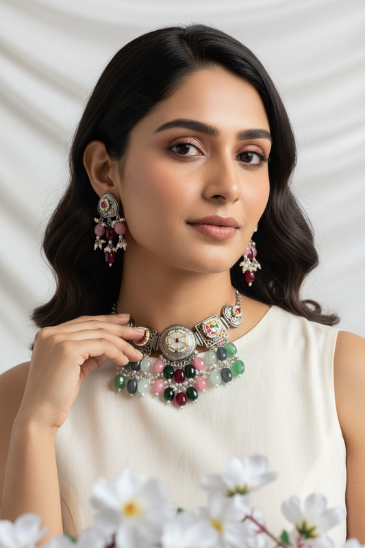 Gulnaar MOP Kundan Crystal Choker Necklace Set with Earrings | Premium SLA Jewellery