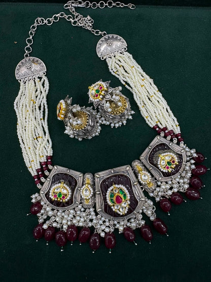 Ratnarekha Premium SLA Dual Tone Stone Necklace Set with Kundan Fusion & Earrings | Heritage Bridal Jewellery