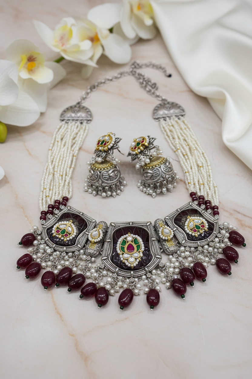 Ratnarekha Premium SLA Dual Tone Stone Necklace Set with Kundan Fusion & Earrings | Heritage Bridal Jewellery