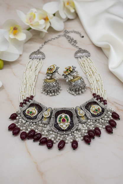 Ratnarekha Premium SLA Dual Tone Stone Necklace Set with Kundan Fusion & Earrings | Heritage Bridal Jewellery