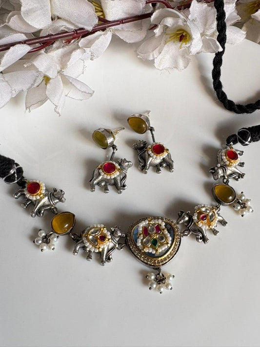 Dual Tone Nandi Kundan Necklace Set With Earrings Sla Finish Budget Jewellery Ready Stock Alankrent Ak Nd by Alankrent