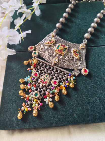 Gajraja Heritage Dual Tone Kundan Long Necklace | SLA Silver Look-Alike Elephant Pendant Statement Necklace