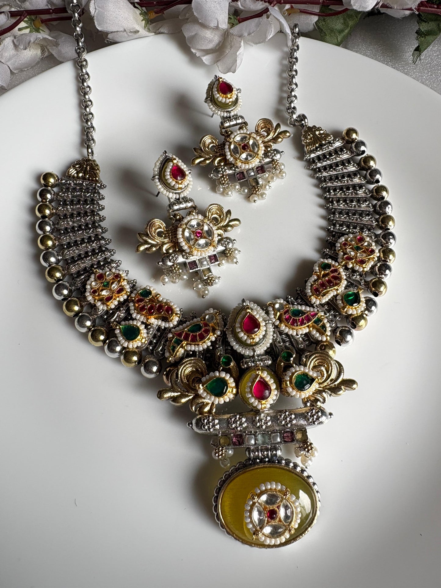 Elanira Premium Dualtone Necklace With Original Pacchi Kundan Fusion Earrings Ready Stock | Kundan Jewellery India | Premium Indian Jewellery