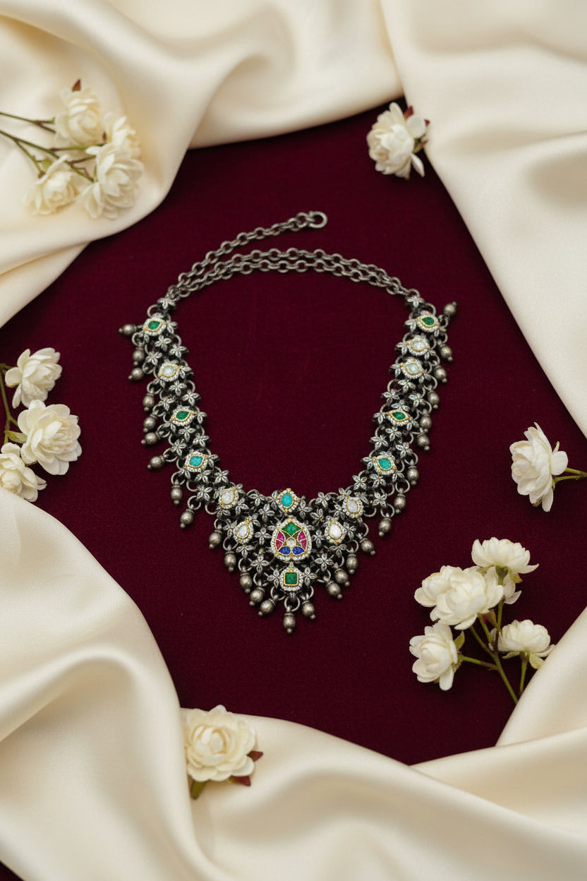 Pushpavalli Floral Statement Necklace | Pachi Kundan Fusion German Silver Heritage Necklace | Antique Silver Floral Jewellery | Alankrent Luxe