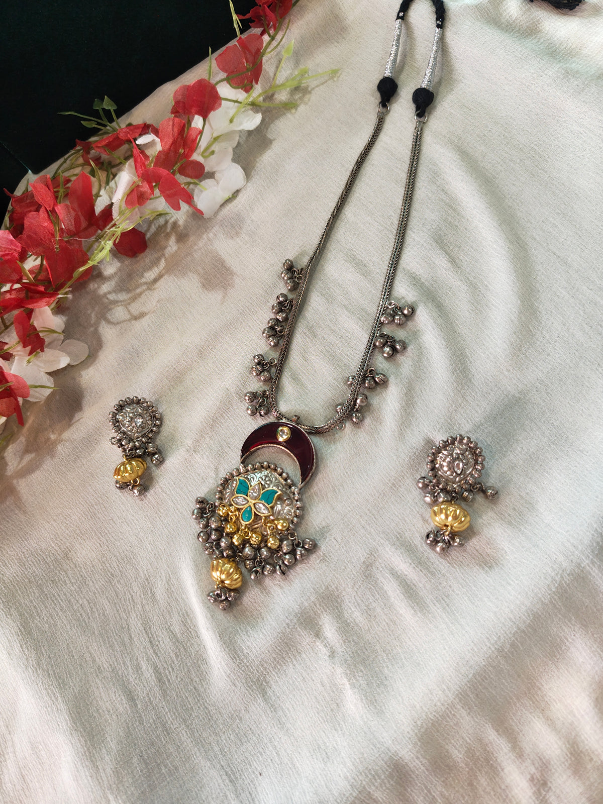 Rajvanshi Long Silver Lookalike Necklace Set with Oxidised Finish & Earrings | Navratri Jewellery