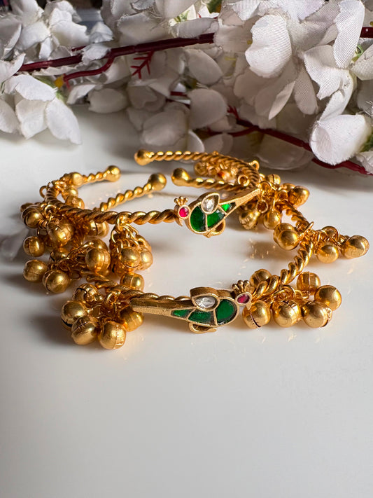 Pakshika Ghungharu Flexible Bangles | Gold Tone Kundan Fusion Bird Bangles for Women {PAIR} | Alankrent Luxe