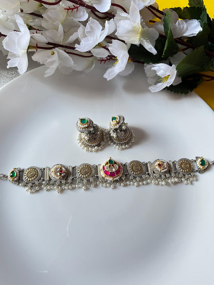 Bestseller Kundan Dual Tone Choker with Jhumkis | Brass Base Silver Look Alike Polish | Kundan Fusion Necklace Set – Limited Edition