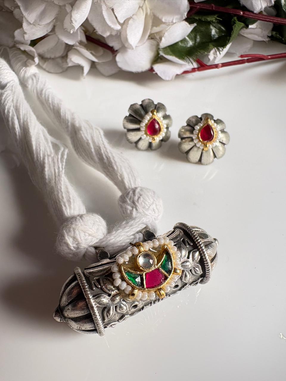 Vamika Kundan Fusion Silver Look Thread Necklace Set with Earrings | Premium SLA Heritage Jewellery