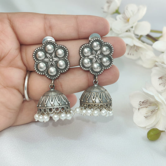 Floral German Silver Jhumka Earrings with Pearl Drops | Alankrent Luxe
