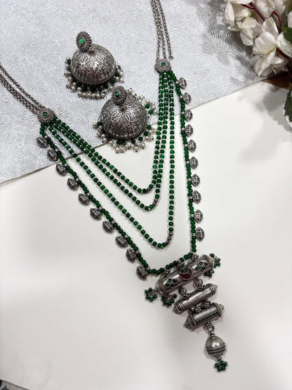 Vrindara Antique Silver Crystal Statement Necklace Set with Green Beads & Designer Jhumka Earrings | Tribal Heritage Jewellery