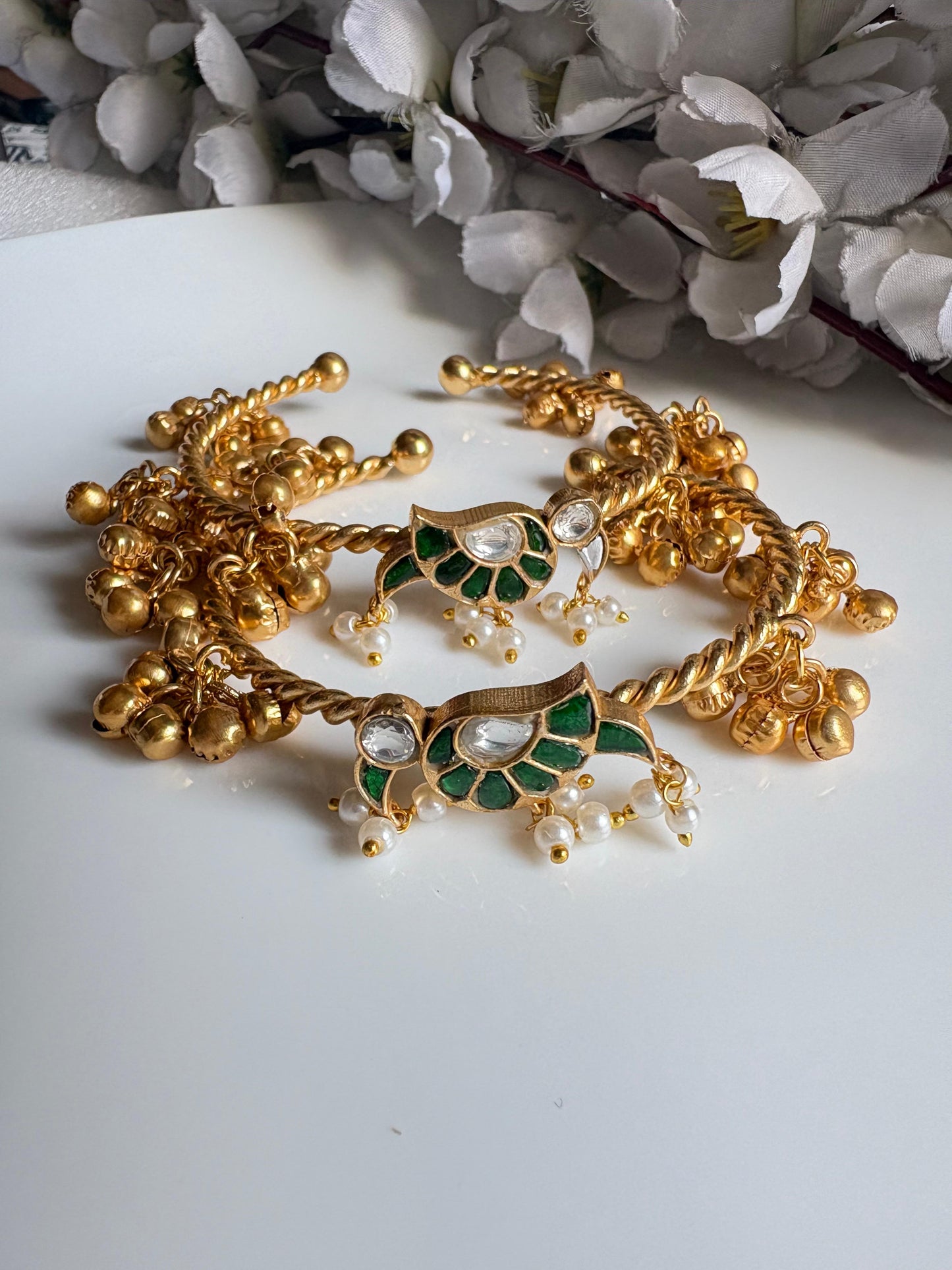 Mayurika Kundan Fusion Ghungroo Bangles | Golden Flexible Adjustable Bangles for Women