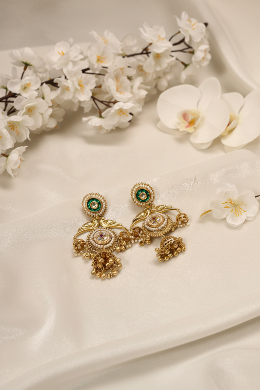 Svarnika Temple Medallion Earrings with Pearl Border & Ghungroo Danglers | Antique Gold Finish