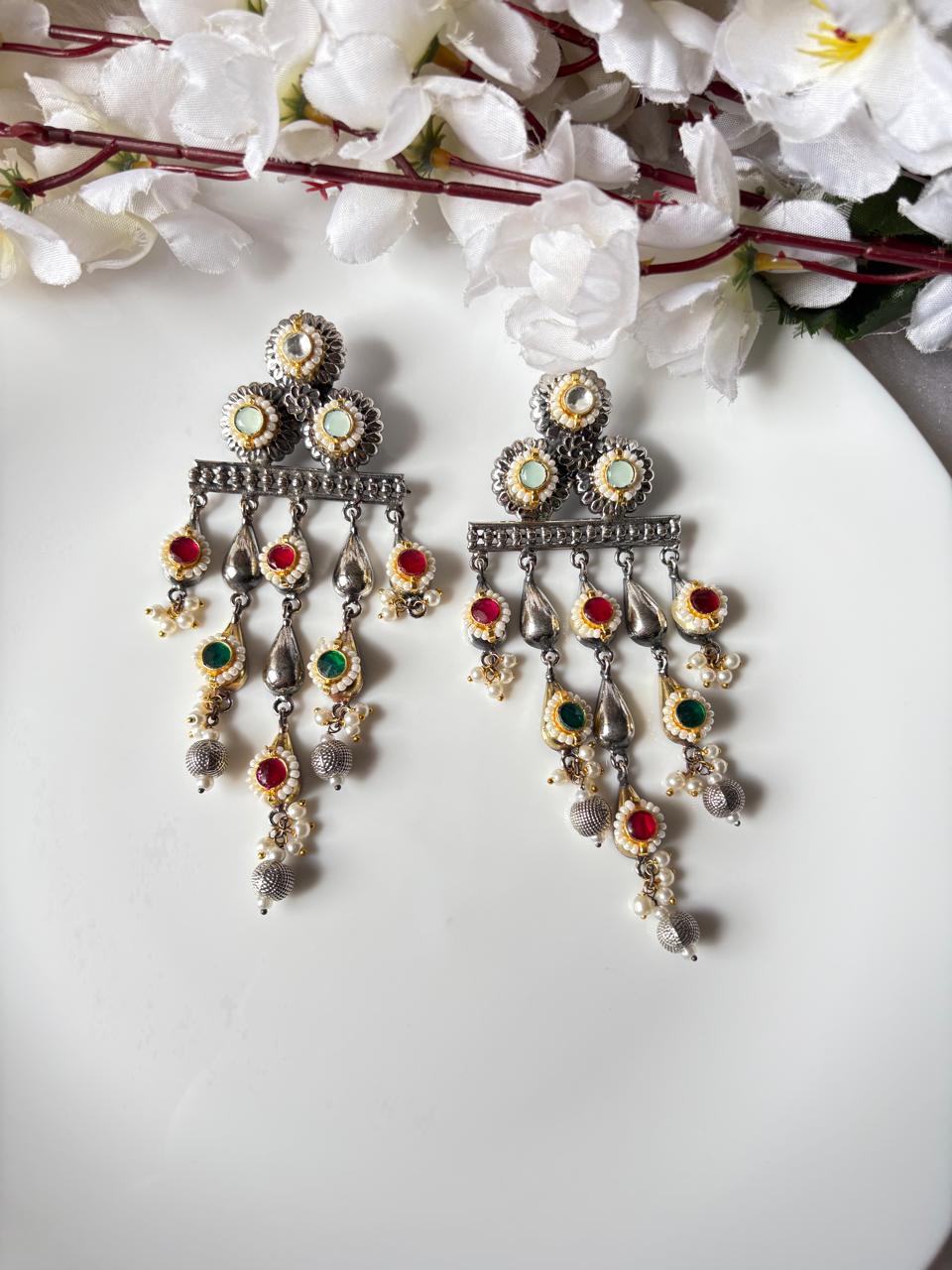 Dviratna Dual Tone Fusion Kundan Earrings | Premium Brass Dual Tone Earrings | Antique Indian Statement Earrings | Alankrent Luxe