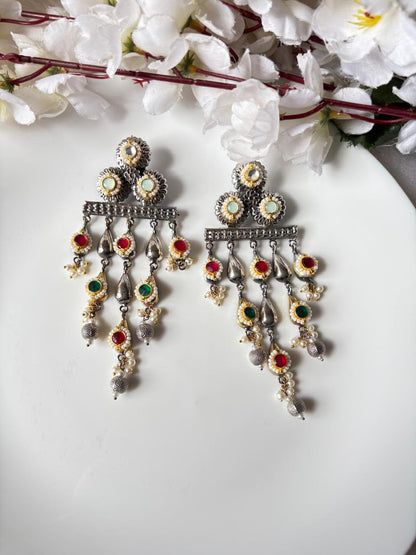 Dviratna Dual Tone Fusion Kundan Earrings | Premium Brass Dual Tone Earrings | Antique Indian Statement Earrings | Alankrent Luxe