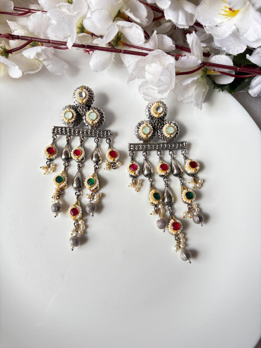 Dviratna Dual Tone Fusion Kundan Earrings | Premium Brass Dual Tone Earrings | Antique Indian Statement Earrings | Alankrent Luxe