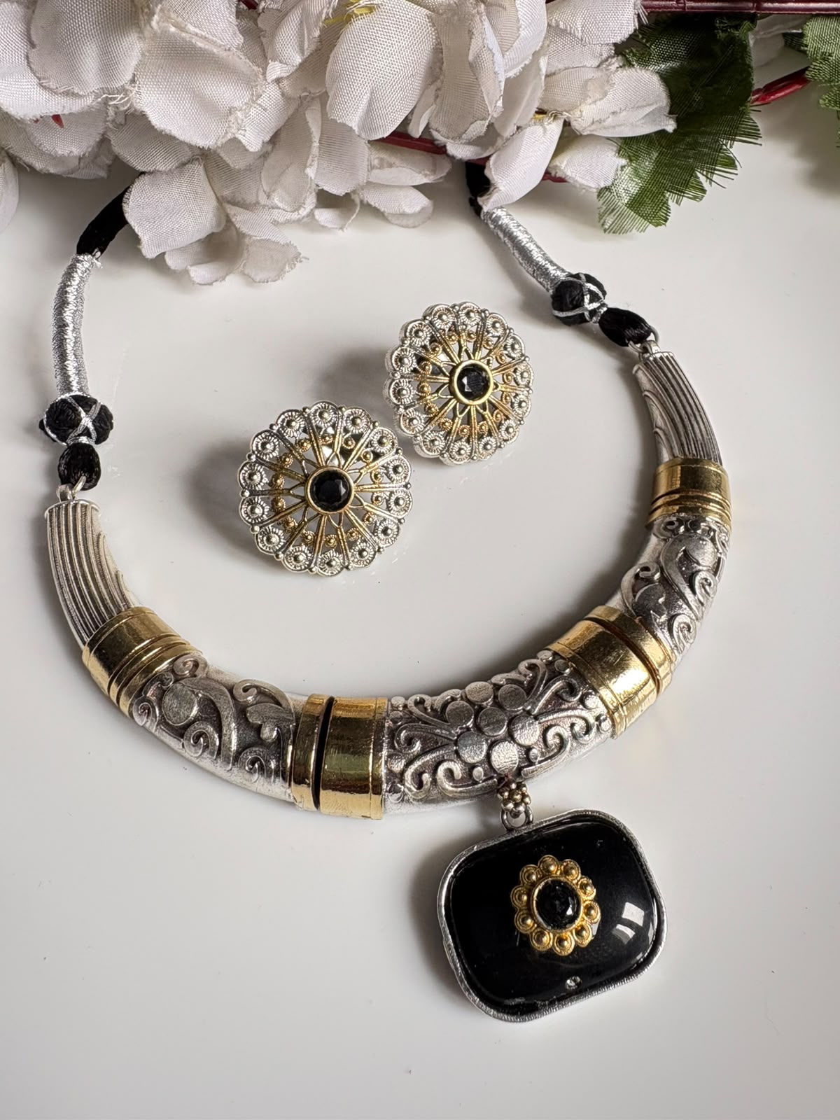 Ratnarekha Dual Tone Thread Hasli Choker Necklace Set with Earrings | Antique Silver & Gold Thread Hasli Jewellery