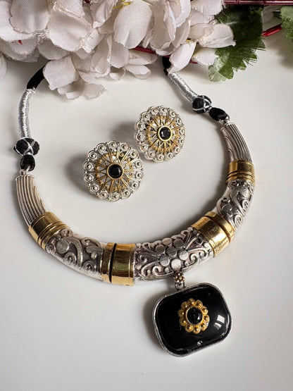 Ratnarekha Dual Tone Thread Hasli Choker Necklace Set with Earrings | Antique Silver & Gold Thread Hasli Jewellery