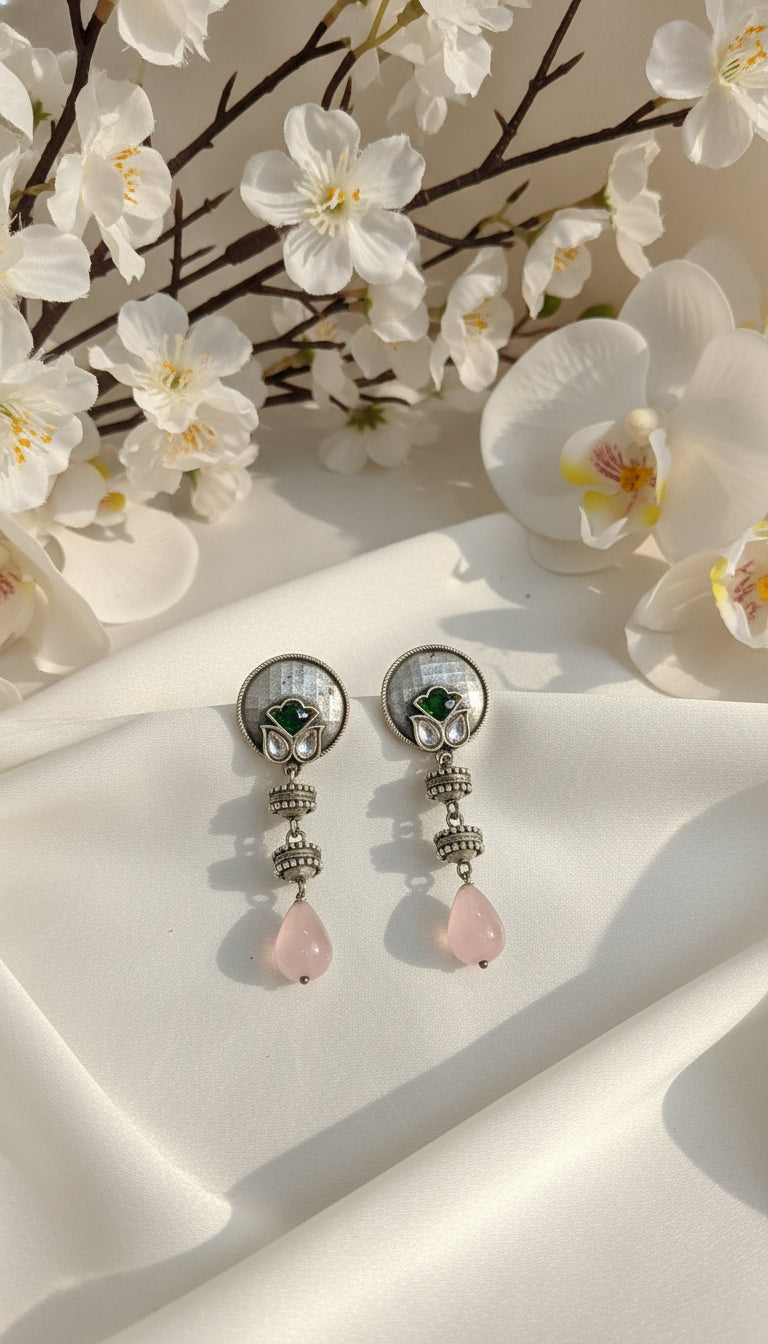 Silver Look Alike Lotus Motif Earrings | Handcrafted Brass Base with Gemstone Drops – Available in Pink, Green, Red & Yellow | Limited Edition