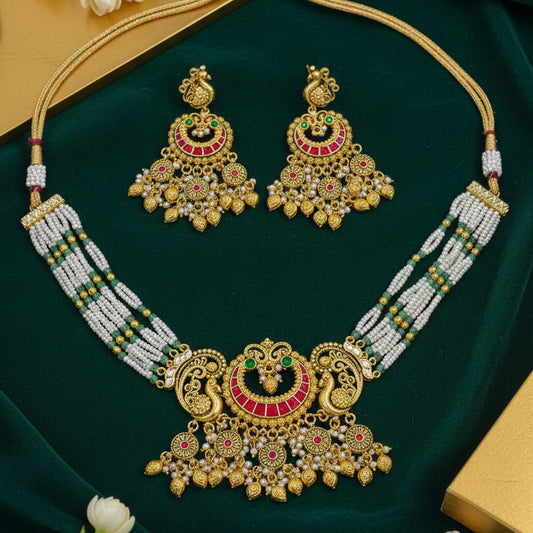 Zehvya Temple Kundan Pearl Choker Necklace Set Peacock Design Traditional Wedding Jewellery | Premium Indian Jewellery