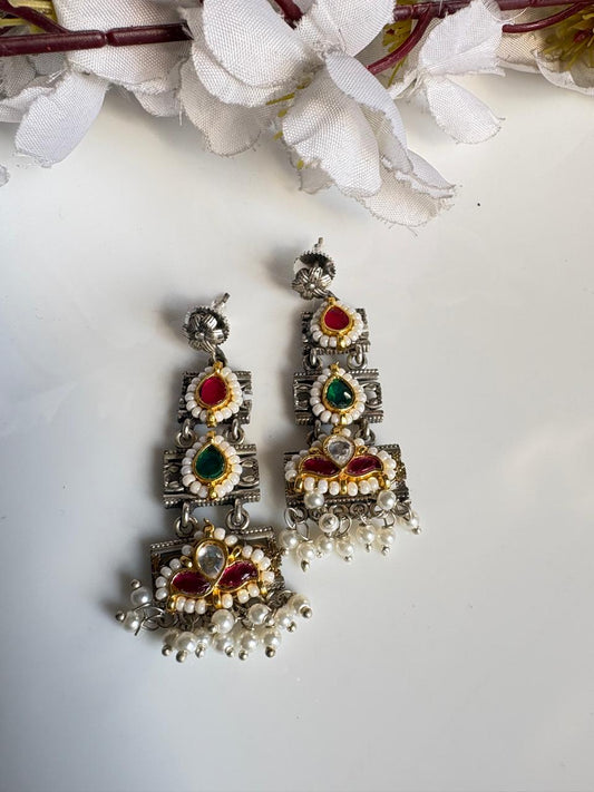 Kundan Silver Lookalike Fusion Earrings with Pearl Drops | Traditional Statement Earrings